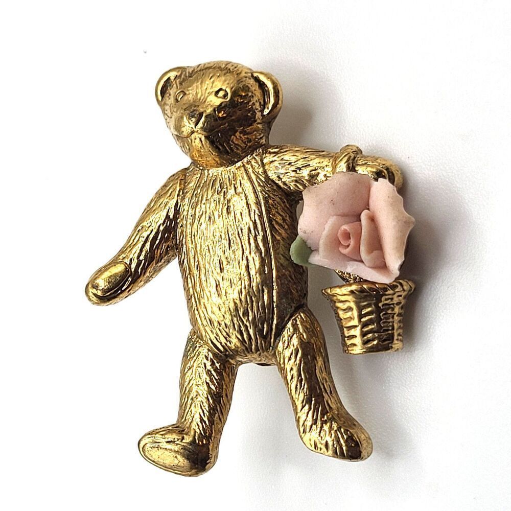 Vintage Gold Tone Teddy Bear Brooch With Porcelain Rose Basket Detail 1.5in